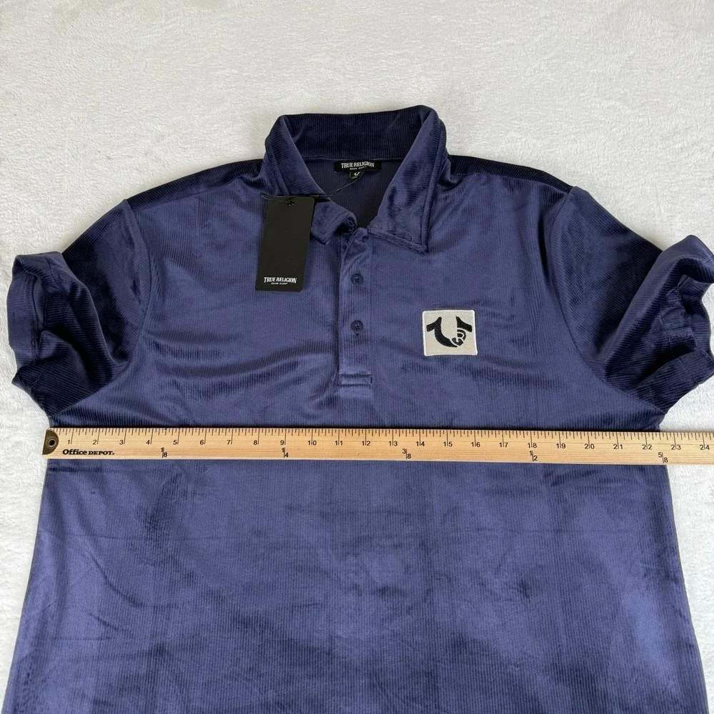 True Religion Velour Polo Shirt Men's Medium‎ Eclipse Blue Short Sleeve New $99